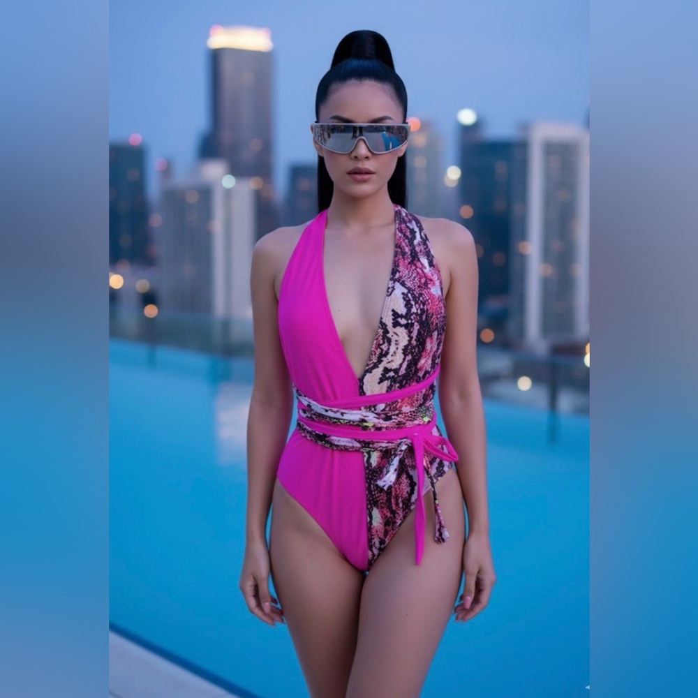 Snakeskin Print One Piece Swimsuit Hot Pink Large